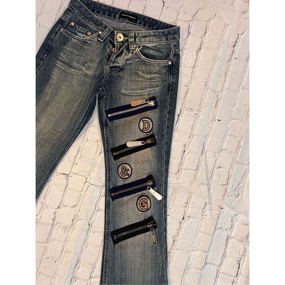 Dolce & Gabbana Women IT 26 Big Multi Zipper Logo Bootcut Jeans Artsy Streetwear - Picture 3 of 8